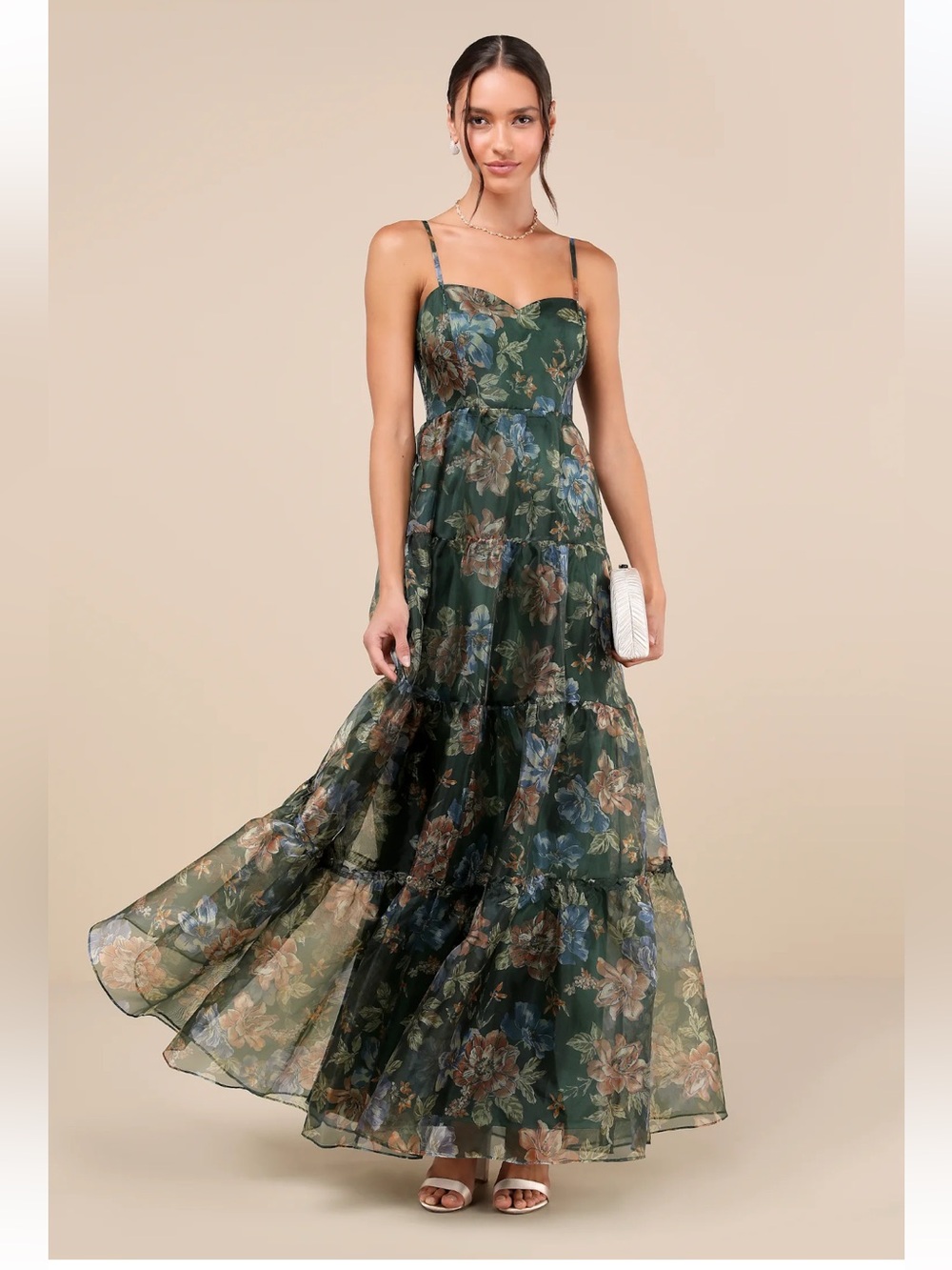 NWT Lulus Exclusive Glamour Green Floral Organza Tiered Maxi Dress